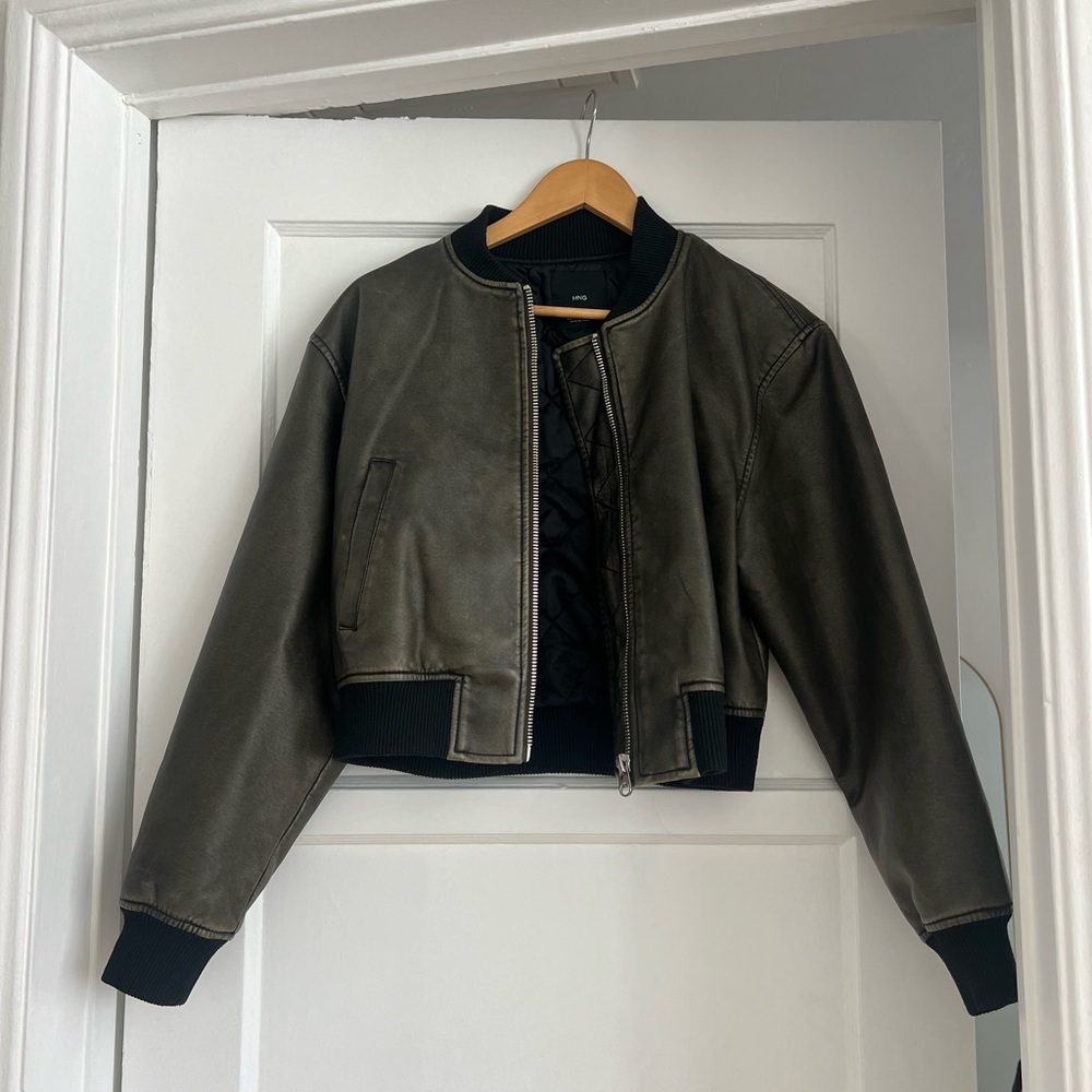 Mango // Distressed Cropped Faux Leather Bomber - S